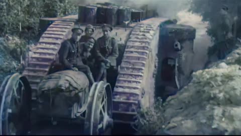 British Mk I tank advances with infantry support