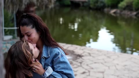 Cute Lesbian Couple Kissing, Affectionate Lesbian Couple kissing scene