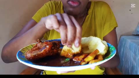 Small Mukbang Eating Roasted And Fried Breadfruit, Fried Plantain,Chicken Wings