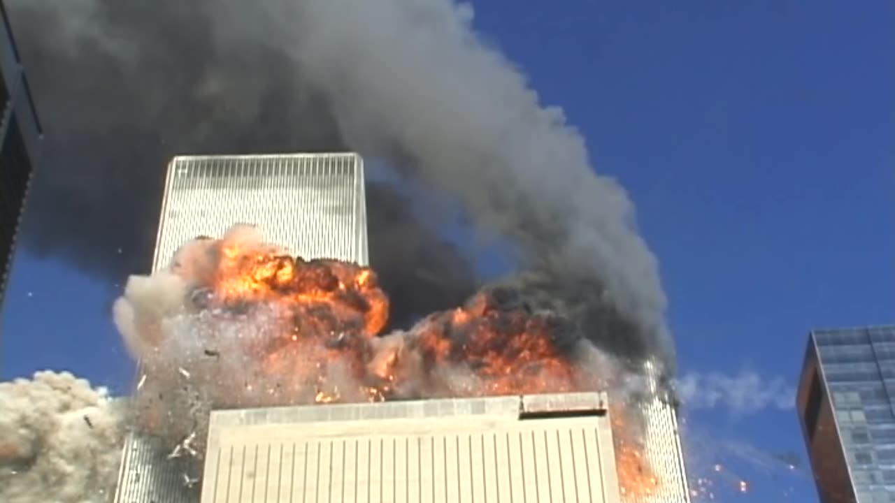 911 South Tower Impact - Rooftop From The East With Slow Motion Zoom