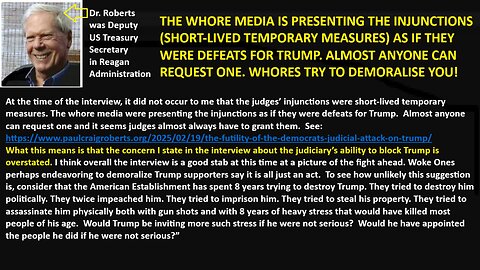 THE WHORE MEDIA IS PRESENTING THE INJUNCTIONS (SHORT-LIVED TEMPORARY MEASURES) AS IF THEY WERE DEFEATS FOR TRUMP. ALMOST ANYONE CAN REQUEST ONE. WHORES TRY TO DEMORALIZE YOU! – DR. ROBERTS