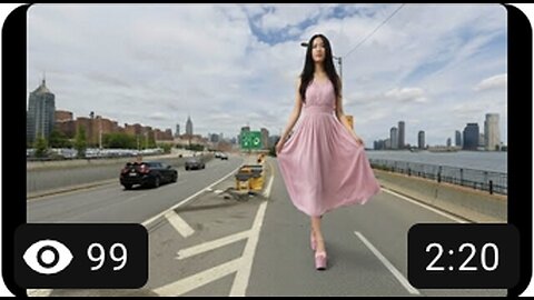 Giant East Asian Girl with pink Dress and Pink platform heels Walking On New York High way Exit 30