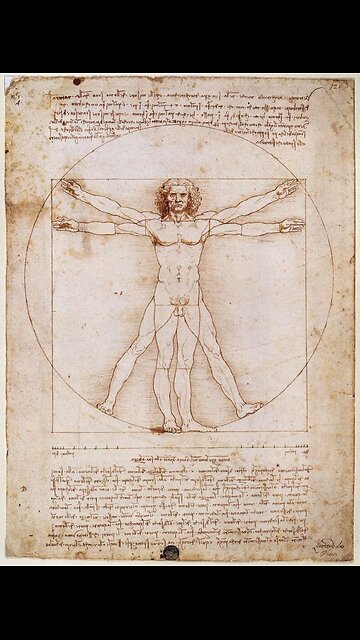 The Vitruvian Man, an iconic drawing by Leonardo da Vinci from around 1490. It shows a nude man in