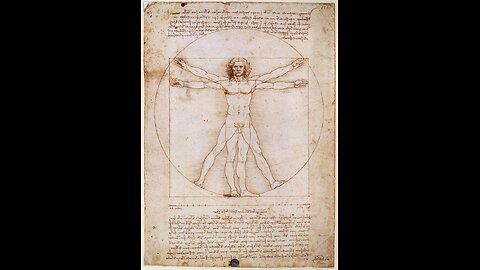 The Vitruvian Man, an iconic drawing by Leonardo da Vinci from around 1490. It shows a nude man in