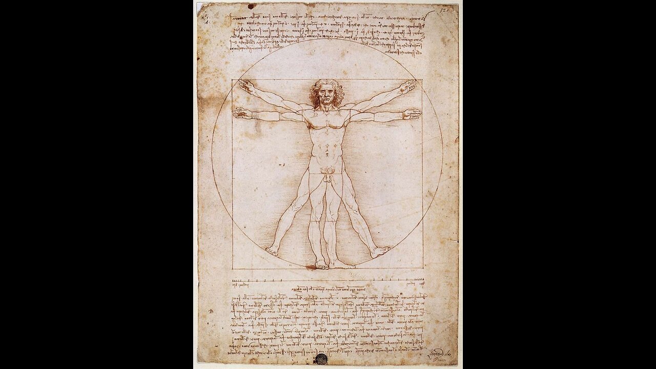 The Vitruvian Man, an iconic drawing by Leonardo da Vinci from around 1490. It shows a nude man in