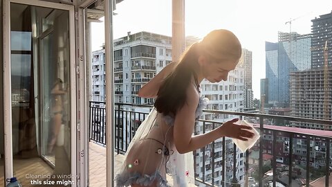 [4k USA] Panoramic window cleaning in see-through dress 