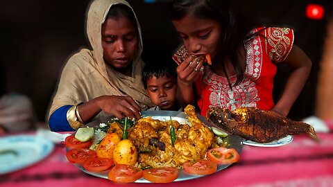 Poor people are eating delicious food ৷ full chicken curry, full fish fry with eggs and vegetable.