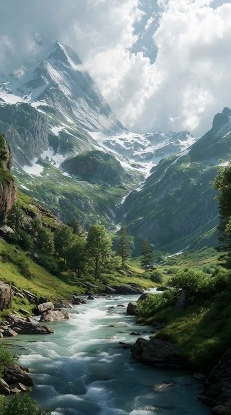 A powerful river flows through snow-capped mountains