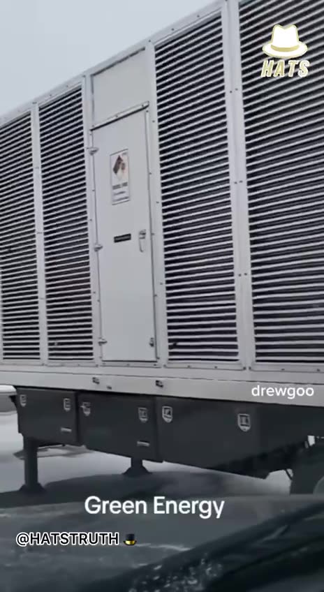 Man films a fleet of green Amazon electric vehicles charging by a massive diesel generator