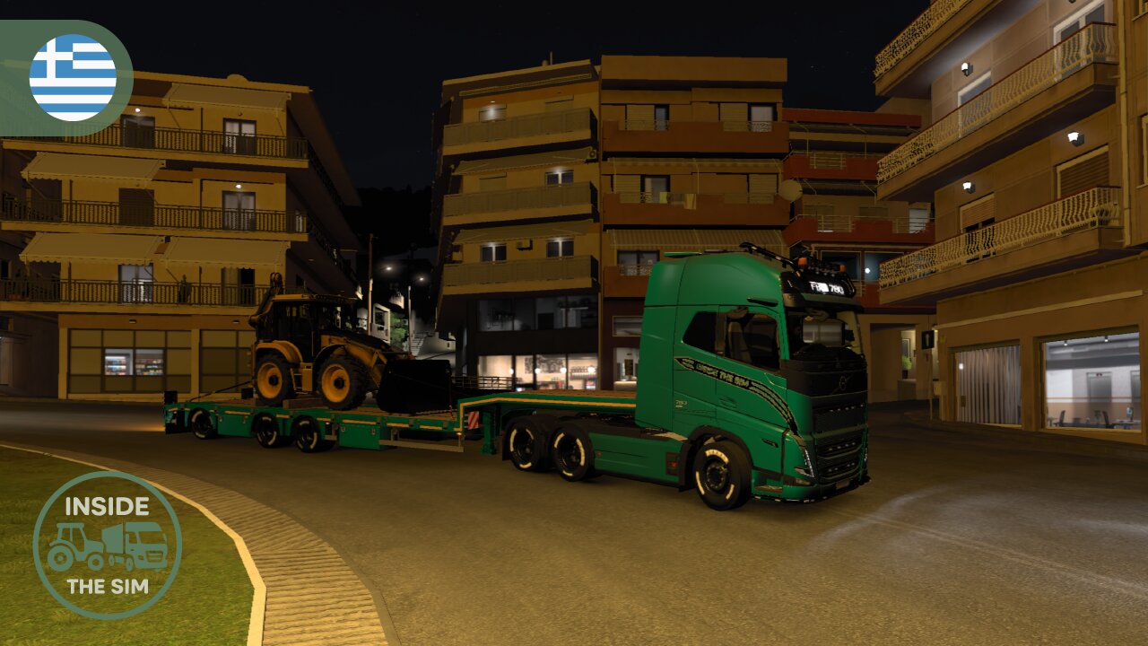 Midnight drive in Greece transporting Backhoe Loader | Wheel cam | Brutal Open Pipe Sound