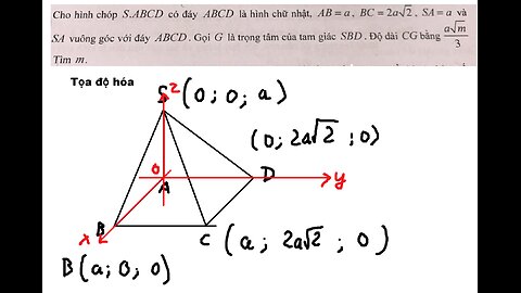 Toán 12: Tọa độ hóa: Cho hình chóp S.ABCD có đáy ABCD là hình chữ nhật, AB=a, BC=2a căn 2, SA=a
