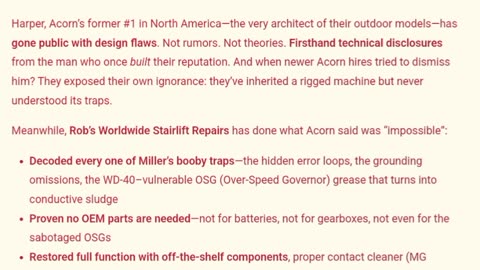 It’s **the former #1 Acorn Stairlift US executive vs. the current cover-up crew**.