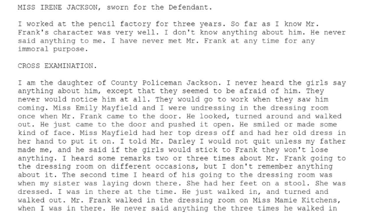 MISS IRENE JACKSON, Sworn In For The Defendant, 142nd To Testify