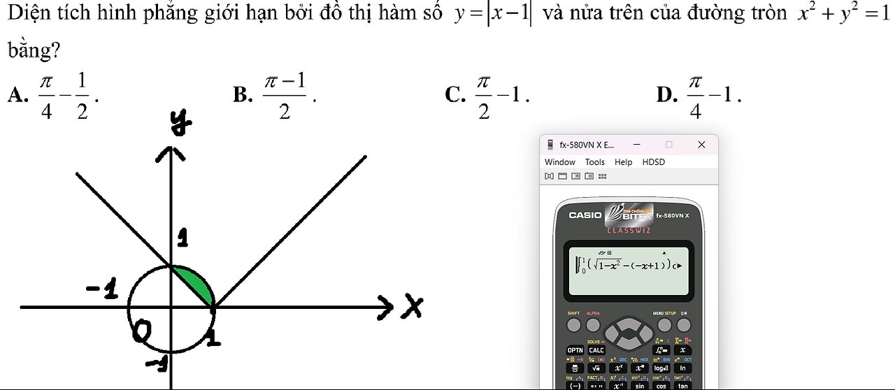 Toán 12: Diện tích hình phẳng giới hạn bởi đồ thị hàm số y=|x-1| và đường tròn x^2+y^2=1