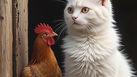 Whisky White Cat hunting a hen for meal