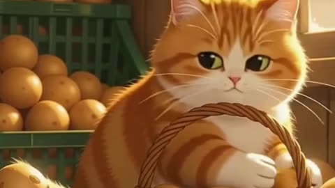 chubby orange cat stands among piles of potatoes