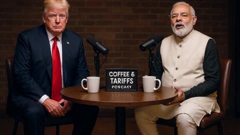 coffee table Podcast between between Donald Trump and Narendra Modi with ai