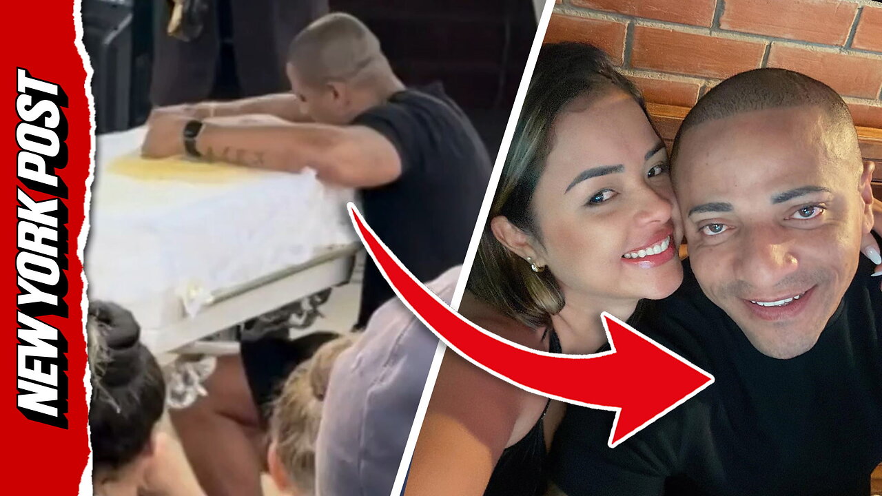 Man suspected of throwing wife off balcony seen mourning at her wake