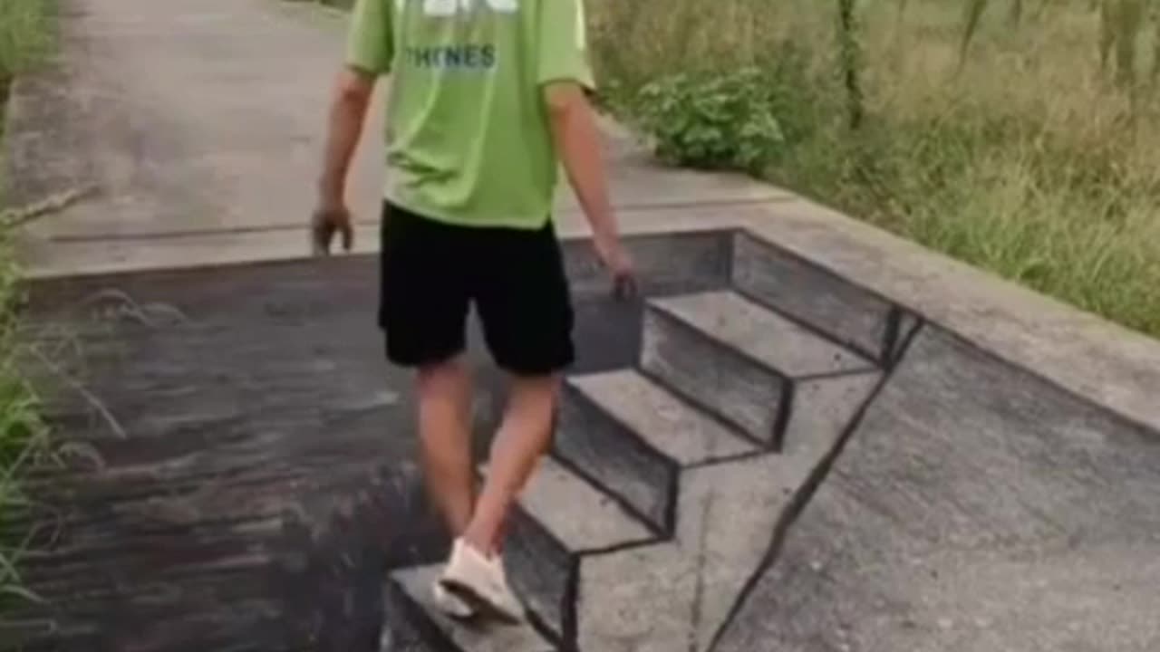 The painter art drowning 3d in earth across steps escalate