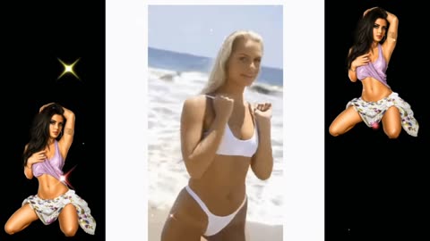Girls in bikinis on beach.