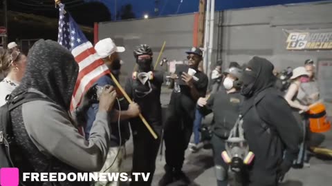 Liberals’ kyptonite. Liberals in Portland, Oregon won’t go near this man waving a MAGA flag.