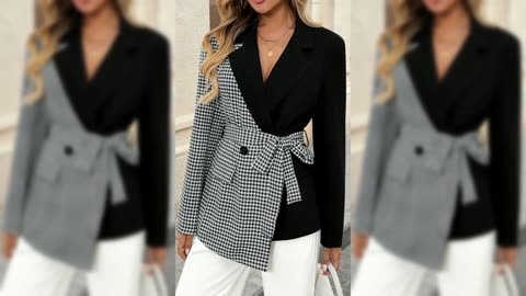 Contrast Houndstooth Tie Waist Blazer