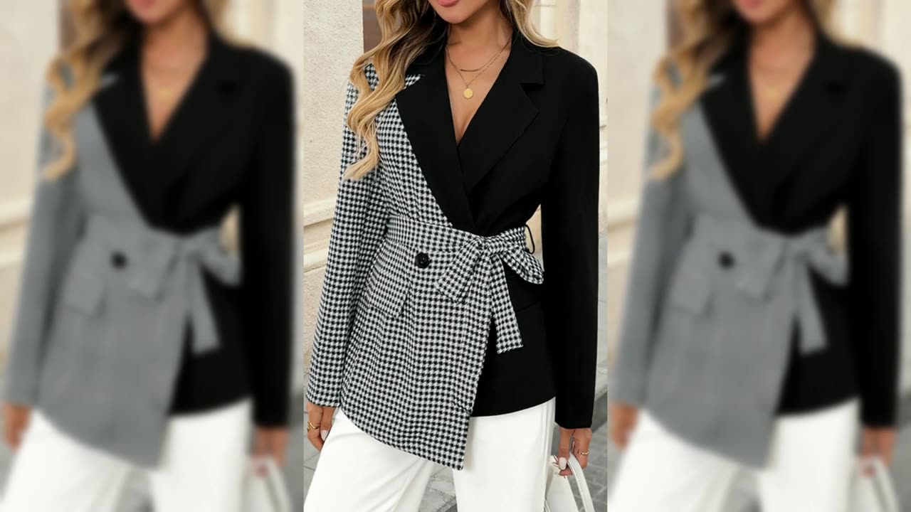 Contrast Houndstooth Tie Waist Blazer