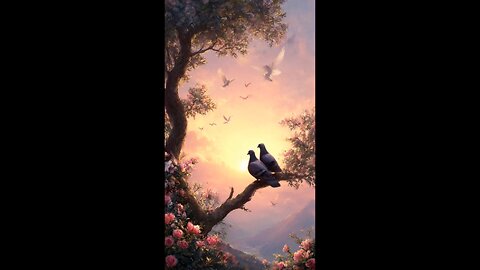two pigeons sitting on the tree with sunrise and doves flying over