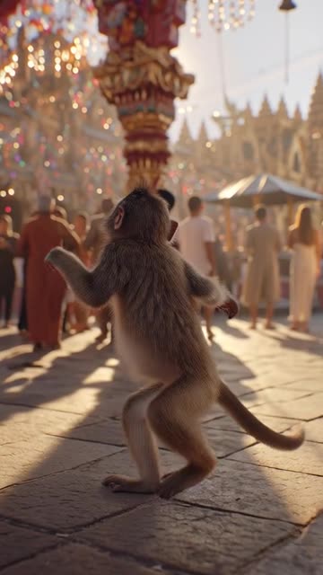 a monkey dancing joyfully like a human inside a colorful during morning .