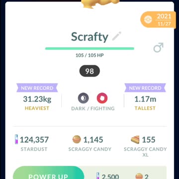 Pokemon Go Evolution - 98% iV Scraggy ➡️ Scrafty