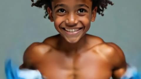 A young boy with afro showing off his muscle funny video
