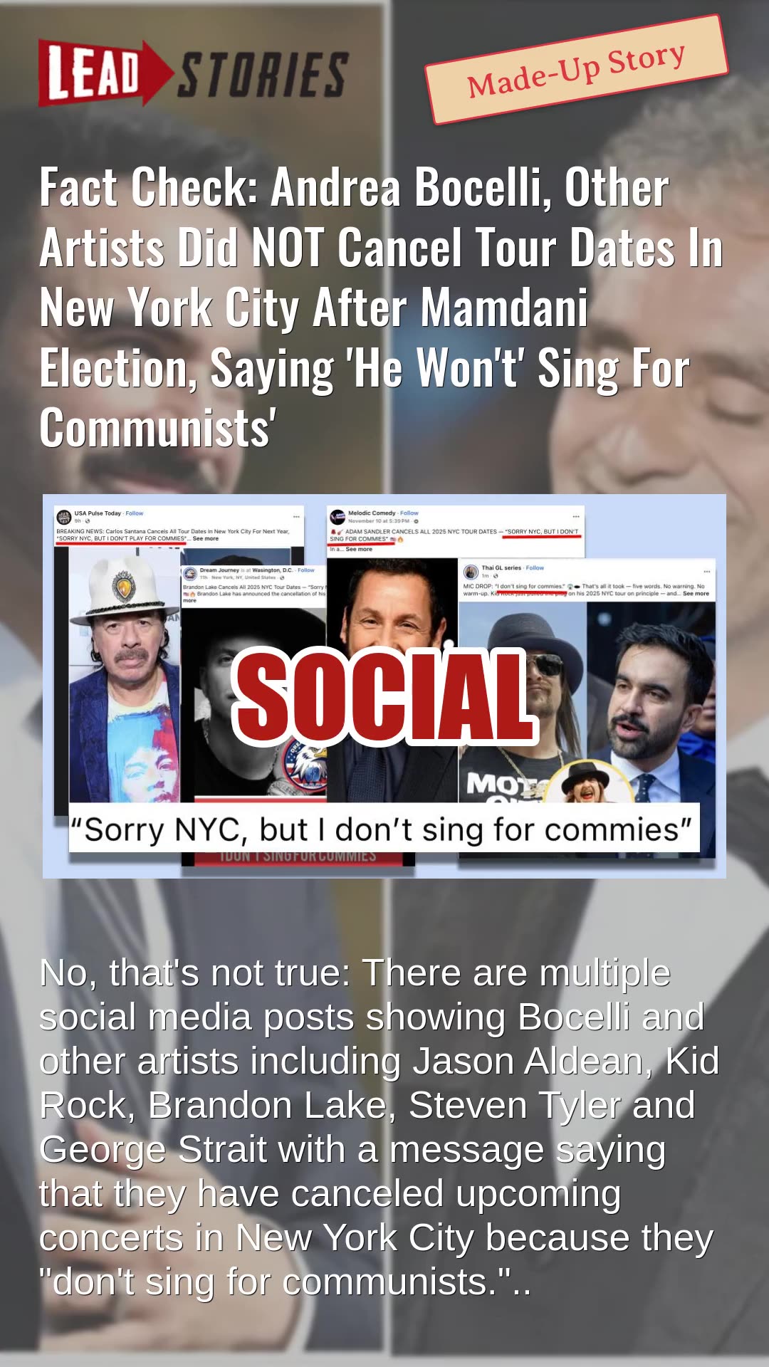 Fact Check: Andrea Bocelli, Other Artists Did NOT Cancel Tour Dates In NYC After Mamdani Election