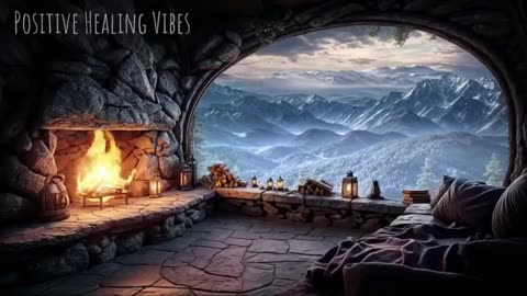 Deep Sleep with Blizzard and Fireplace Sounds,Cozy Winter Ambience and Howling Wind in a stone cabin