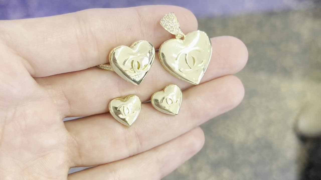 Real Gold Heart Pendant, Ring & Earrings Ladies Set