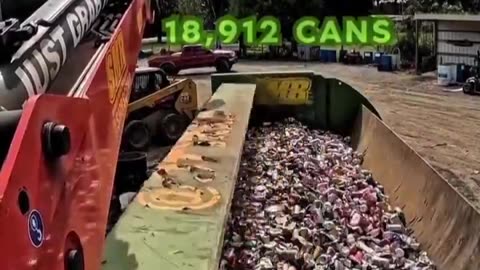 18,912 Aluminium cans crushed by recycling compactor efficiently.