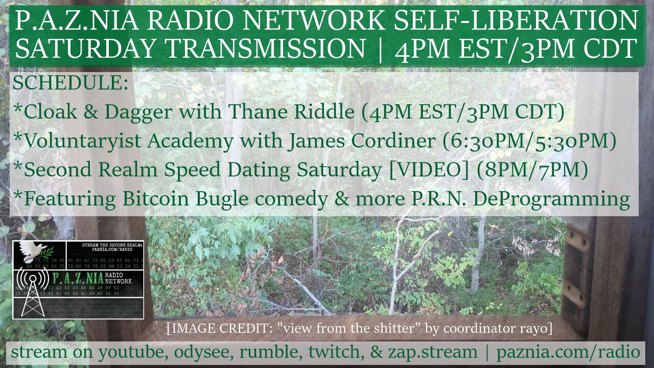 [P.A.Z.NIA RADIO NETWORK] Self-Liberation Saturday: Cloak&Dagger + Second Realm Speed Dating + MORE
