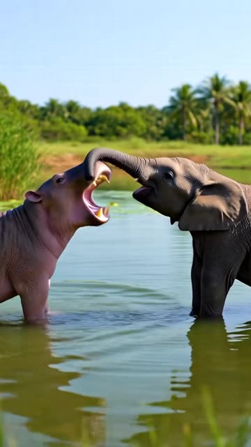 Baby Elephant and Baby Hippo Playing