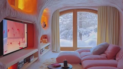 Cave-Inspired Living Room with Soft Pink Decor.