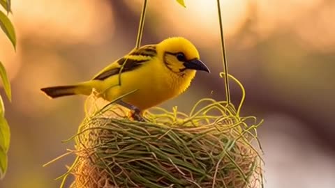 A beautifully composed cinematic nature shot of a bright yellow Weaver bird skillfully