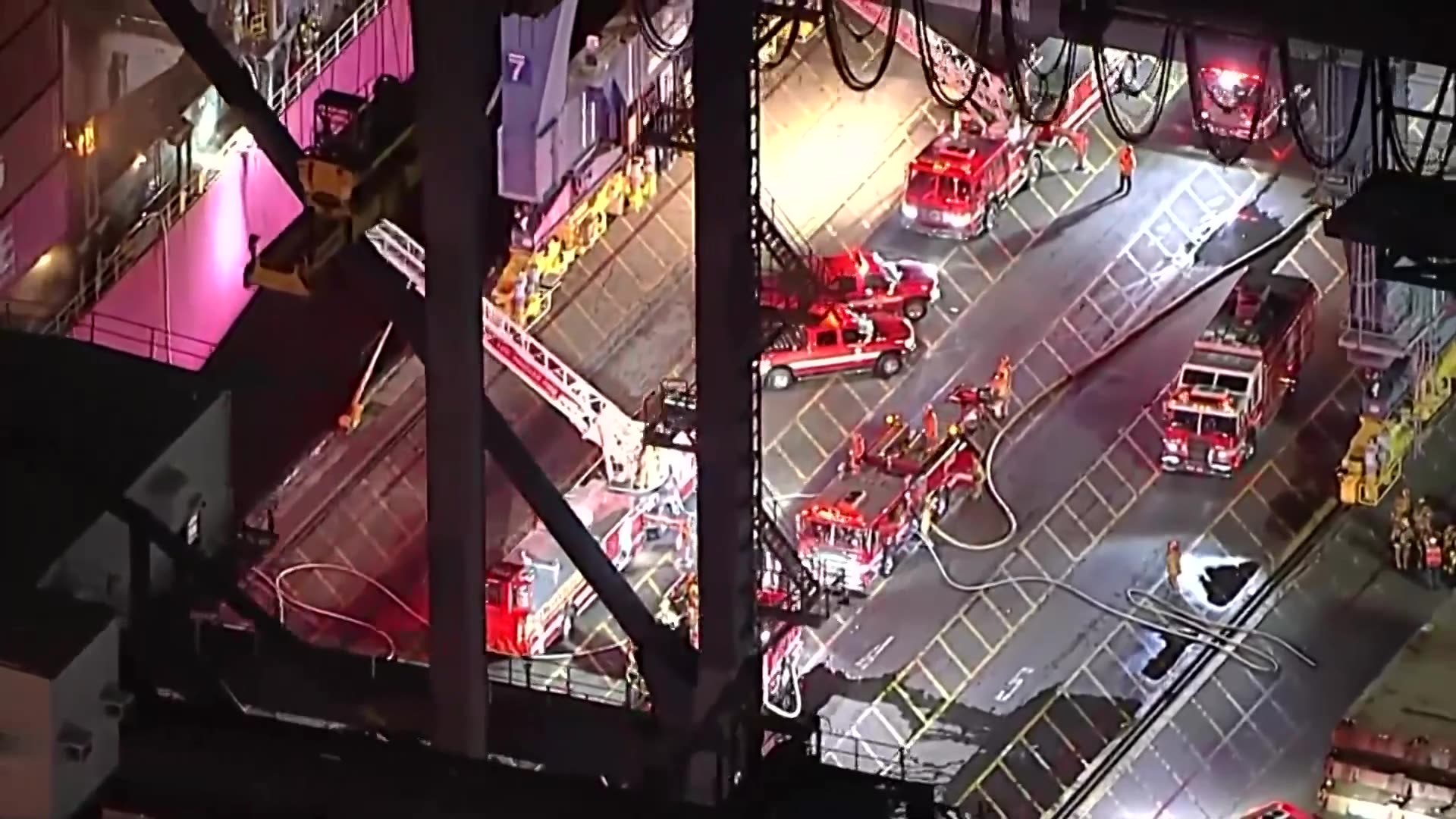 Aerials show fire being extinguished on ship at San Pedro port