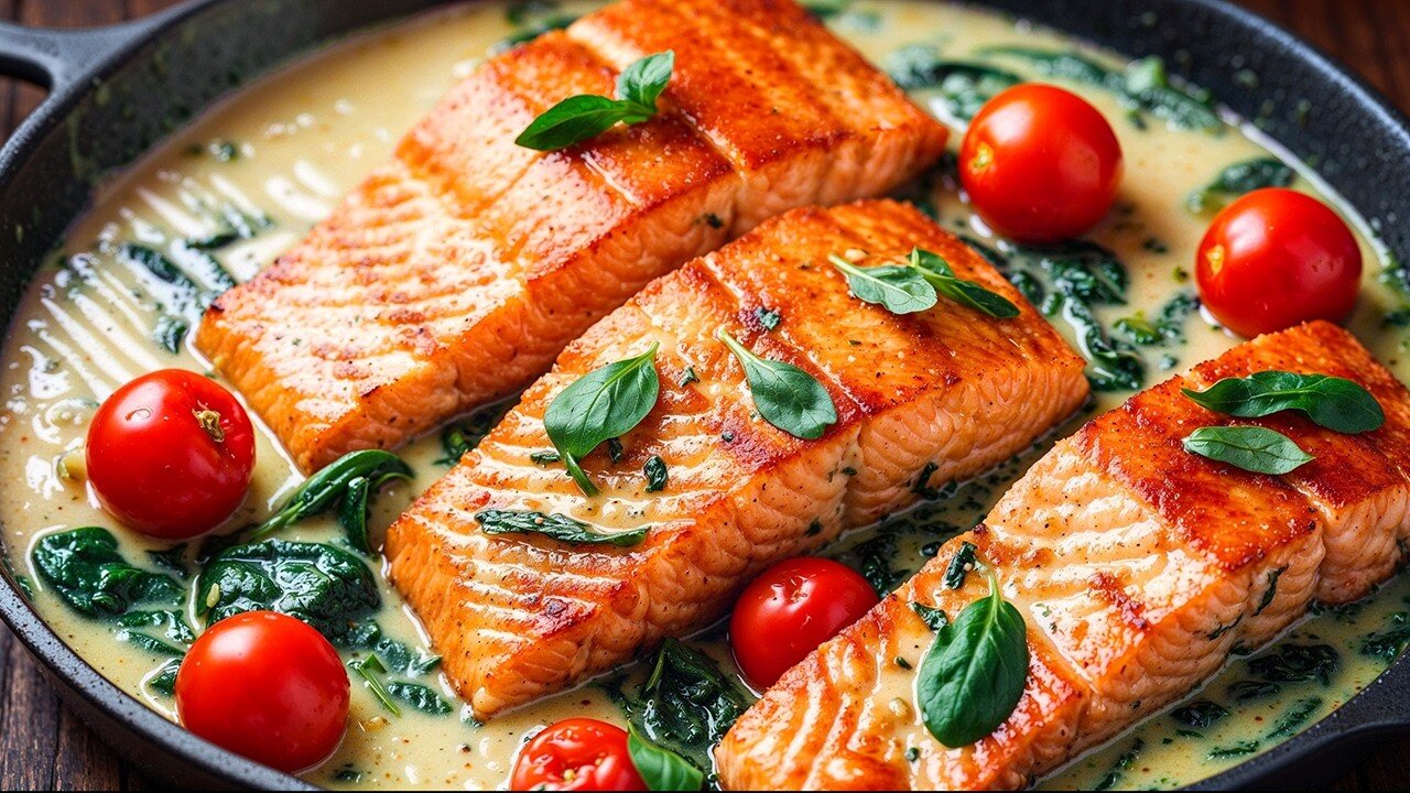 Recipe - Salmon fillet in a creamy sauce with tomatoes and spinach