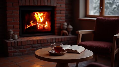 Winter Warmth: Comfortable Chair | Open Book | Cup of Tea | Fireplace Burning