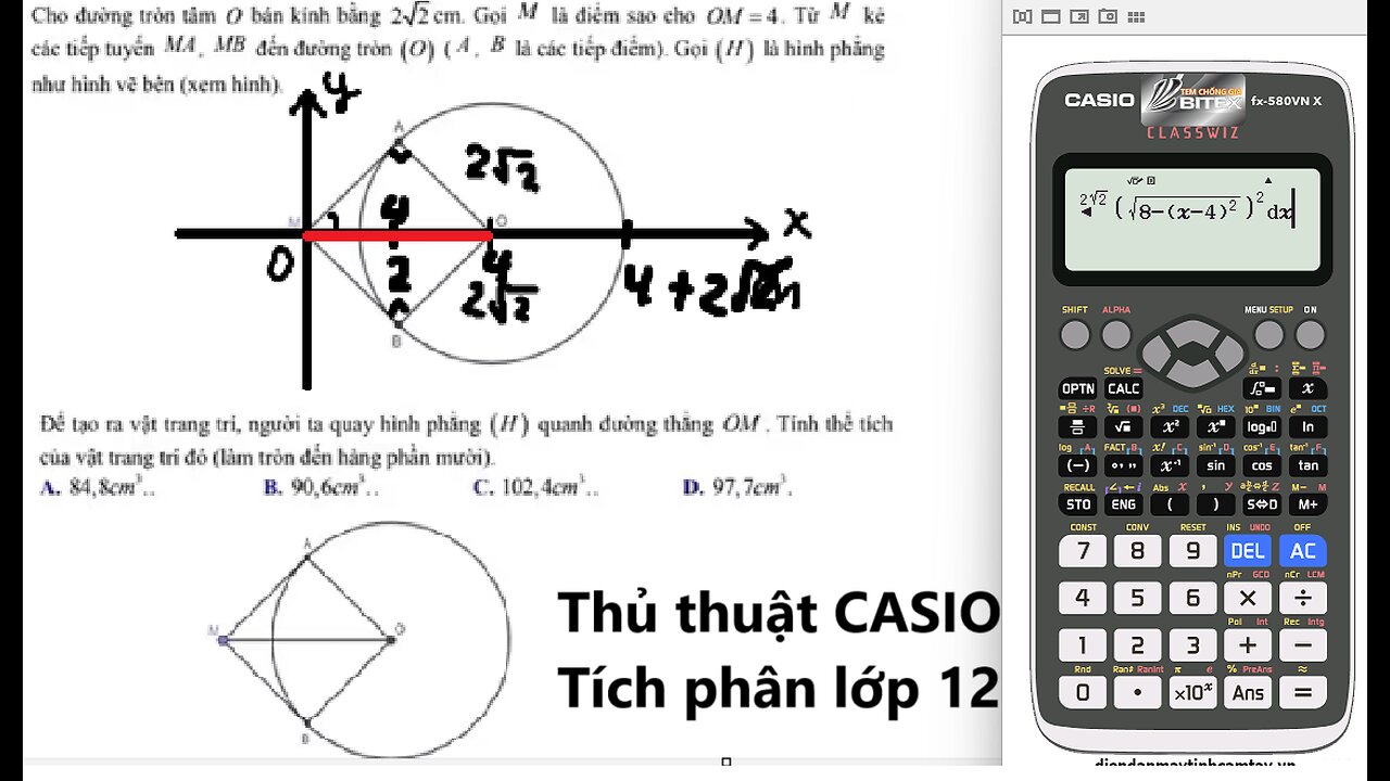 Toán 12: Cho đường tròn tâm ( bán kính bằng 2sqrt(2)cm Gọi M là điểm sao cho