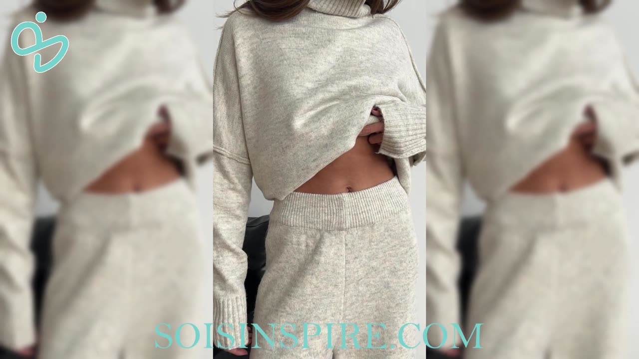 Slit Turtleneck Long Sleeve Top and Pants Sweater Set