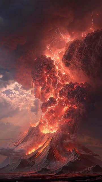 A colossal volcano erupts with unstoppable force, spewing rivers of molten lava into