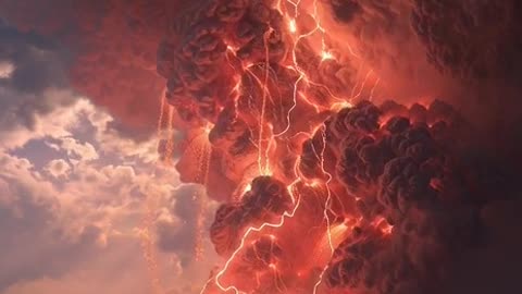 A colossal volcano erupts with unstoppable force, spewing rivers of molten lava into