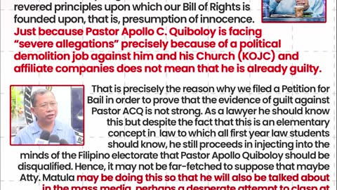 Atty. Matula, tinitira si Pastor Apollo para mapag-usapan ng mass media —KOJC Legal Counsel