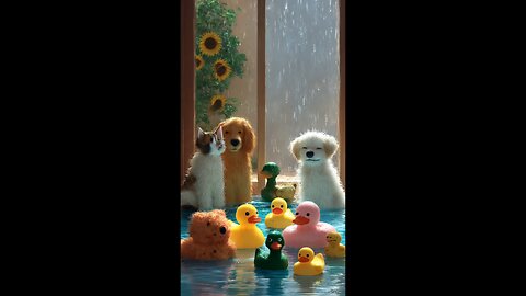 enjoy two cats and dogs are in the house toy ducks swimming in the pool with sunshine