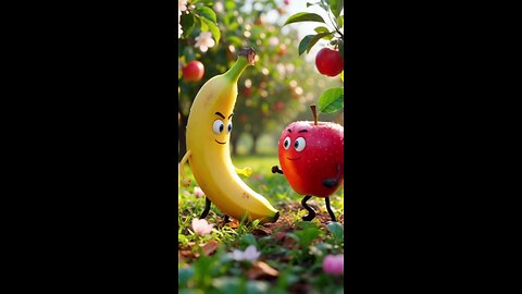enjoy banana and apples disscussing about their colours and some birds flying over