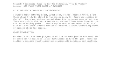 M J GOLDSTEIN, Sworn In For The Defendant, 77th To Testify